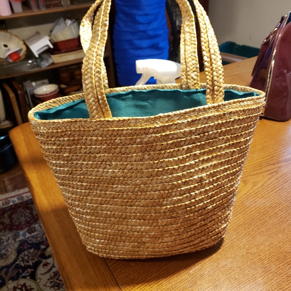Wicker/Straw open tote green lined handbag - Picture 3 of 3